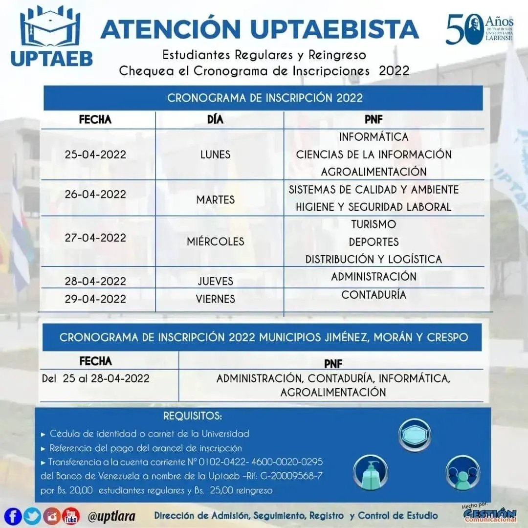 uptlara's tweet photo. #28Abril || Culmina el proceso de inscripción con nuestros estudiantes regulares y de reingreso del #PNFCP para continuar su formación académica. Chequea👇🏻las indicaciones y requisitos.
#UptaebActiva
@michellyvivas @DGGCA_UPTAEB
@Elida_Luna_Beta @marialerodri14 https://t.co/owrT1krUZA