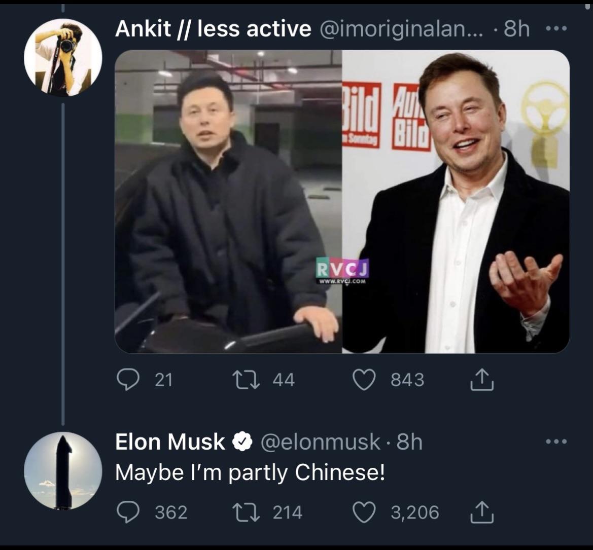 Elon confirmed he’s half Chinese. Time to load up NIO calls via /r/wallstreetbets #stocks #wallstreetbets #investing

https://t.co/a8Veehd9og

#stockmarket #wallstreetbets https://t.co/Ve9TBRVHsN