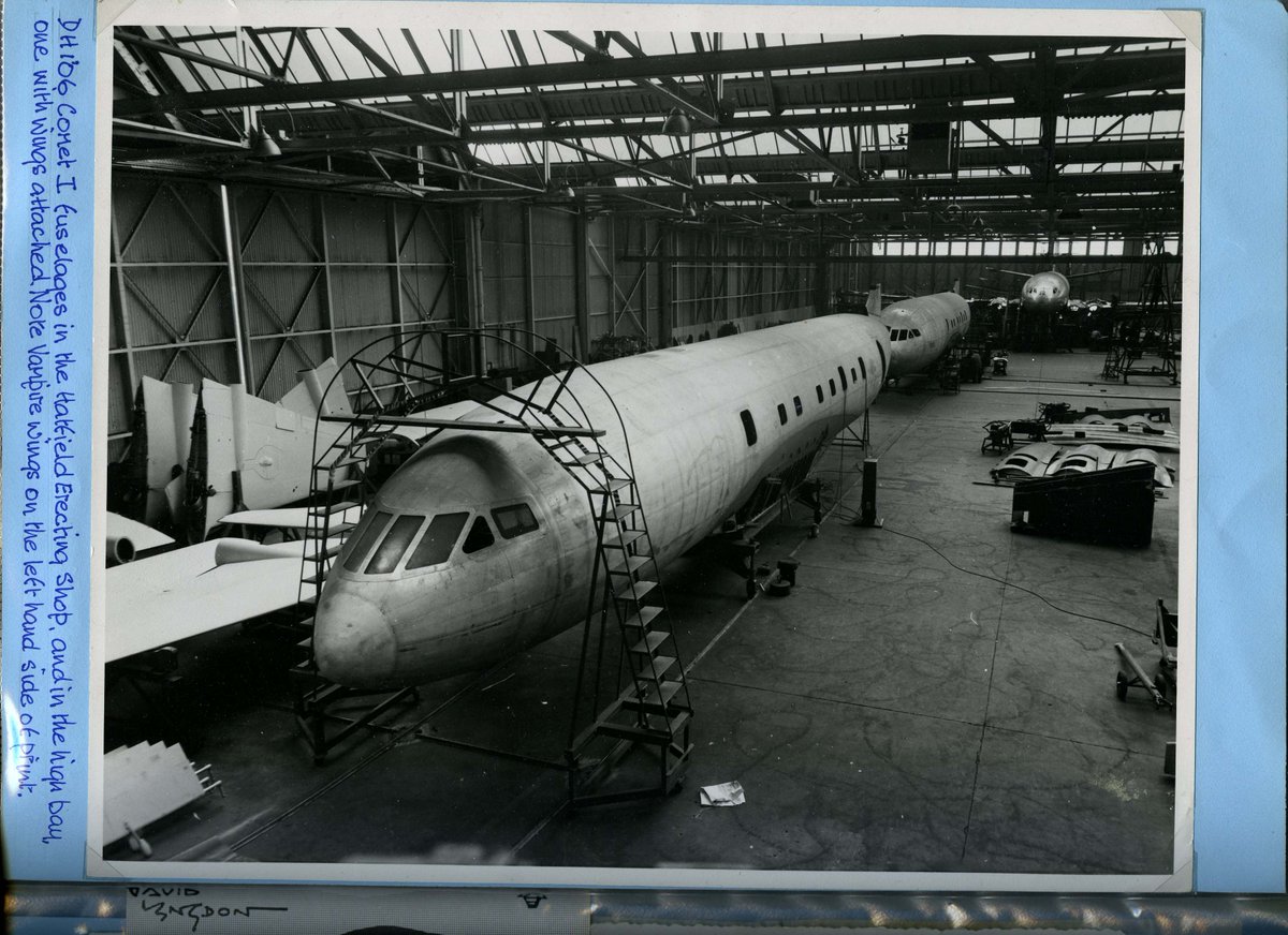 HertsArchives's tweet photo. Today in 1952, history was made when the world's first ever jet airliner, the De Havilland Comet 1 made its maiden flight, from London to Johannesburg. Here is a photo of the Comet 1 in production at De Havilland (Collection Ref: Acc 4947)
#ArchiveExplored #Aviation #Hatfield https://t.co/ZFKZCmbYiH