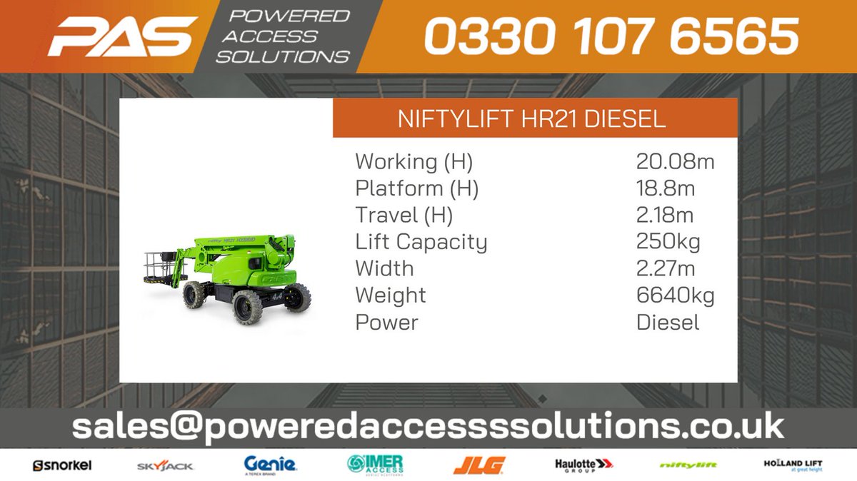 🟠🟠 NiftyLift HeightRider 21 4x4 (HR21 4x4) self-propelled cherry picker will lift 2 persons and their tools to a working height of 20.8m or a working outreach of 13m.🟠🟠

View &amp; Download product spec - poweredaccesssolutions.co.uk/boom-hire/nift…

#Poweredaccess