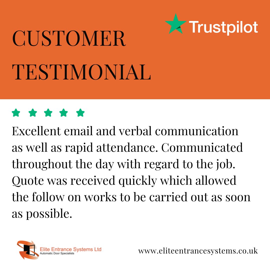 We hope you are having a wonderful Friday. We are delighted to share this recent Trustpilot review from one of our customers!
If you need service like this, talk to us >> eliteentrancesystems.co.uk
