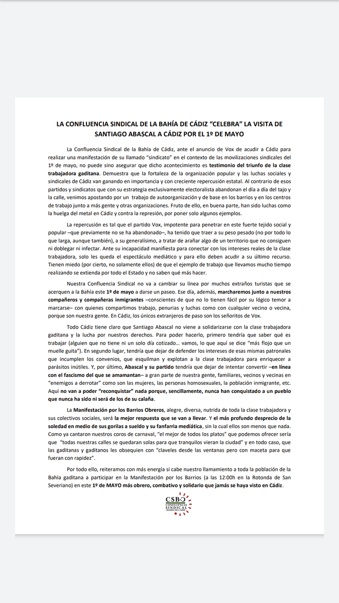 Confluencia_sbc's tweet photo. Nuestra Confluencia Sindical manifestamos nuestro posicionamiento común para el #1Mayo Nos vemos por las calles de Cádiz para seguir luchando por nuestros derechos. https://t.co/lyYvgeEJ50