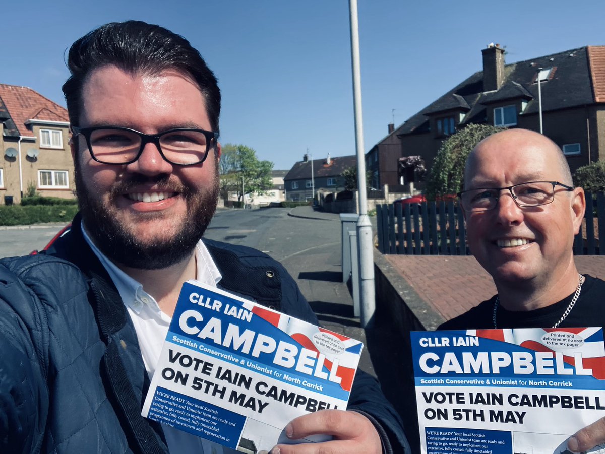 DanMcC1990's tweet photo. Cracking day to be out on the campaign trail in glorious Ayrshire for @ScotTories candidate Iain Campbell for Maybole, North Carrick and Coylton! #LocalVoteTory https://t.co/RWNPX1eNKc