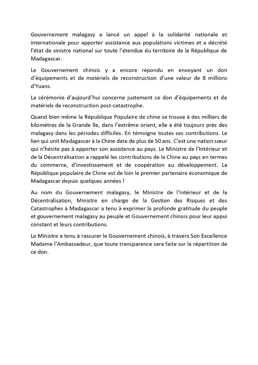 Une Cérémonie de remise officielle de don d’équipements et de matériels de reconstruction post-catastrophe de valeur de 8millions d4yuans du gouvernement chinois  s’est tenue aujourd’hui au BNGRC Antanimora.