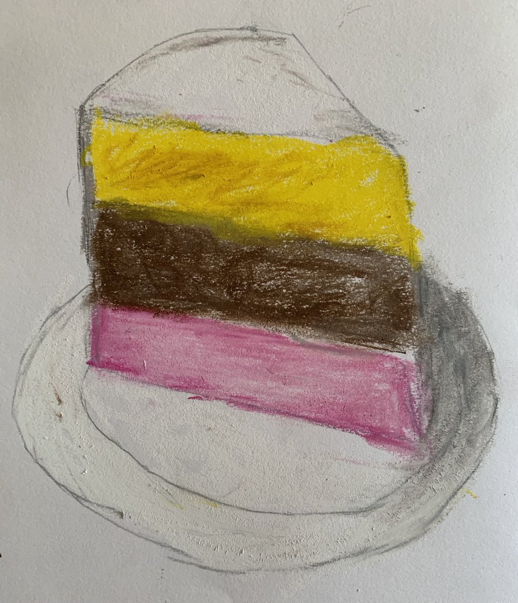 BhsartD's tweet photo. Wayne Thiebaud inspired yummy cakes in oil pastels. Looking at shadows and blending by S2. https://t.co/f9XQ8PxBUo