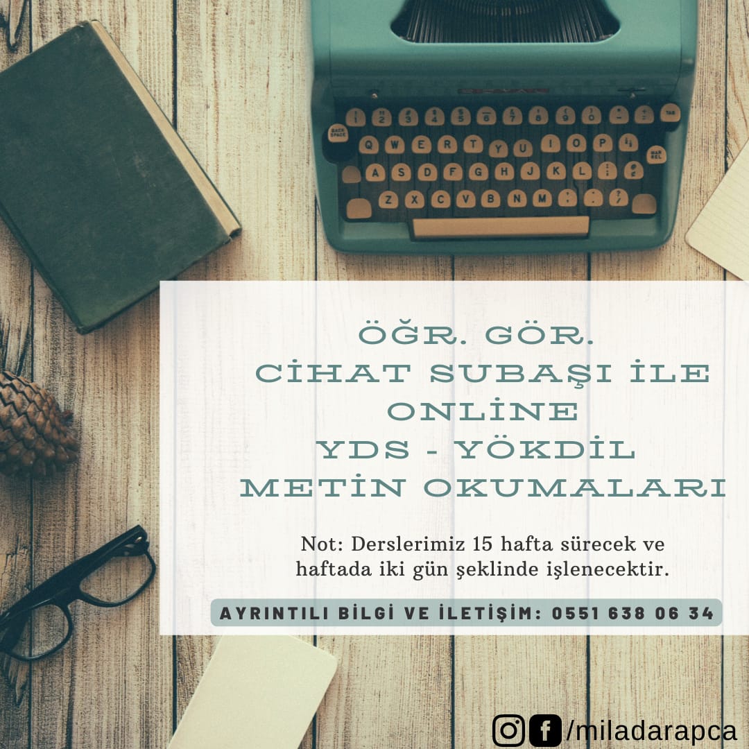 Merhabalar, milad Arapça olarak YDS dersimize tekrardan başlıyoruz. Siz değerli öğrencilerimize yoğun ilginiz için teşekkür ederiz.
Bilgi için dm üzerinden bilgi alabilirsiniz.