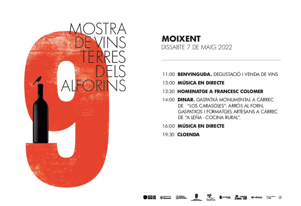 TurismeCostera's tweet photo. Ja no queda res per a la 9a Mostra de Vins 🍇 de Terres dels Alforins!!

El dissabte 7 de maig gaudirem del millor 🍷 ví, però també de la gastronomia 🥘 local i de molt bona música 🎶 en directe.

No us ho podeu perdre! 😉 https://t.co/X9jUWsWinj