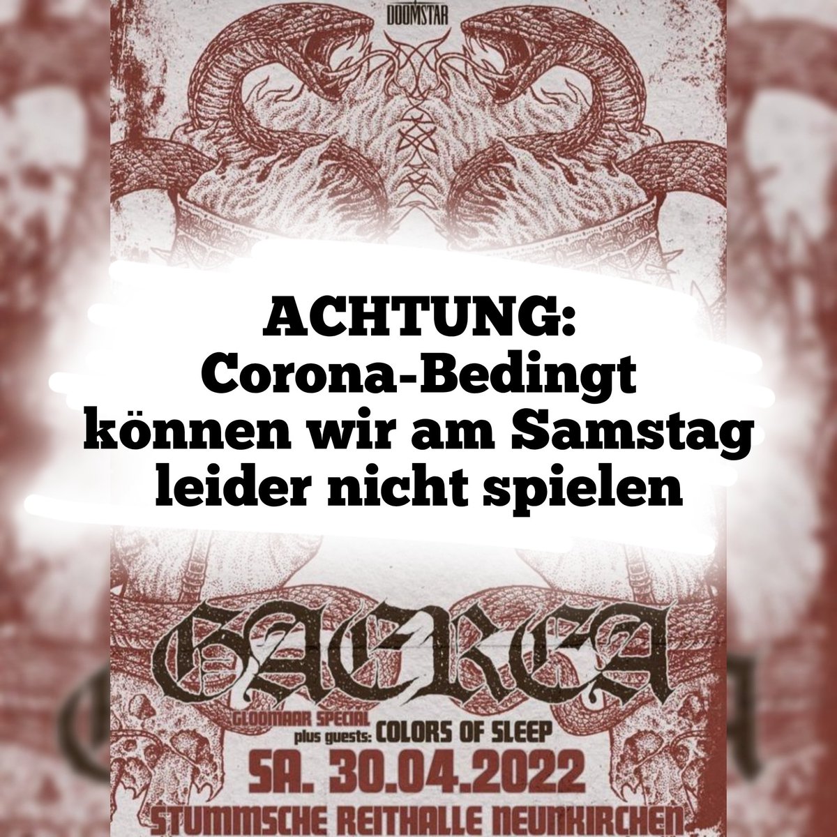 ColorsOfSleep's tweet photo. ⚠️Achtung!⚠️
Schweren Herzens müssen wir euch darüber informieren das wir am Samstag NICHT als Support von Gaerea spielen können. 
Wir wünschen allen Gästen super viel Spass auf dem Konzert! https://t.co/8k7VjnTaLq