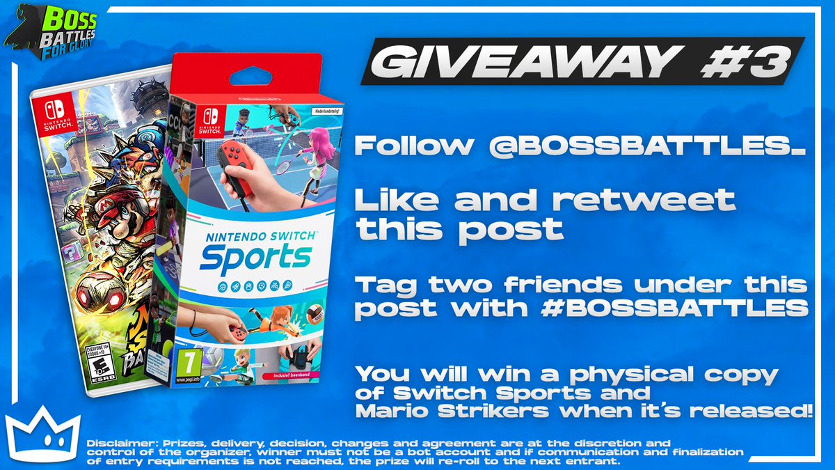 BOSSBATTLES_'s tweet photo. Our final giveaway is thanks to @TryMetafy! 🙏👏

Prize: A copy of the NEW Mario Strikers AND Switch Sports! 

🐦Follow @BOSSBATTLES_ 
♥️🔁 Like &amp; Retweet
🤝Tag TWO different friends with #BOSSBATTLES 

The winner is announced during Top 8 tomorrow!

Enter all three! Why not? :D https://t.co/SenN4p3Qhw