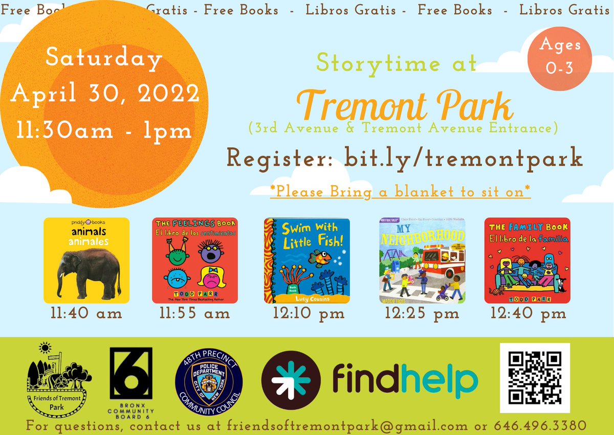 TremontPark's tweet photo. 🗓 Saturday, April 30th
🕙 11:30 am
📍#TremontPark 
📚 #freebooks for children! (ages 0-3 years old. *While supplies last*) 
💰 Sponsored by @findhelporg
🗣 Tell a family with a 0-3 years old child 
👉MUST RSVP: https://t.co/5lDZoAop1Q https://t.co/kXUrKV1ivh