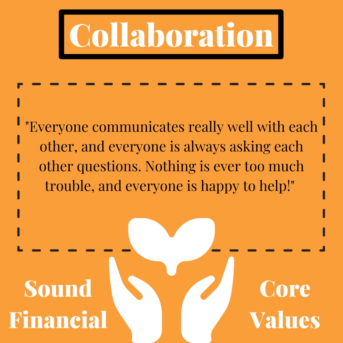 💚 Our Core Values 💚

🤝 C O L L A B O R A T I O N 🤝 Vanessa said:

"It is very evident that each different role within Sound works together with every other person to ensure the clients’ cases are worked on efficiently and to the best of their abilities."