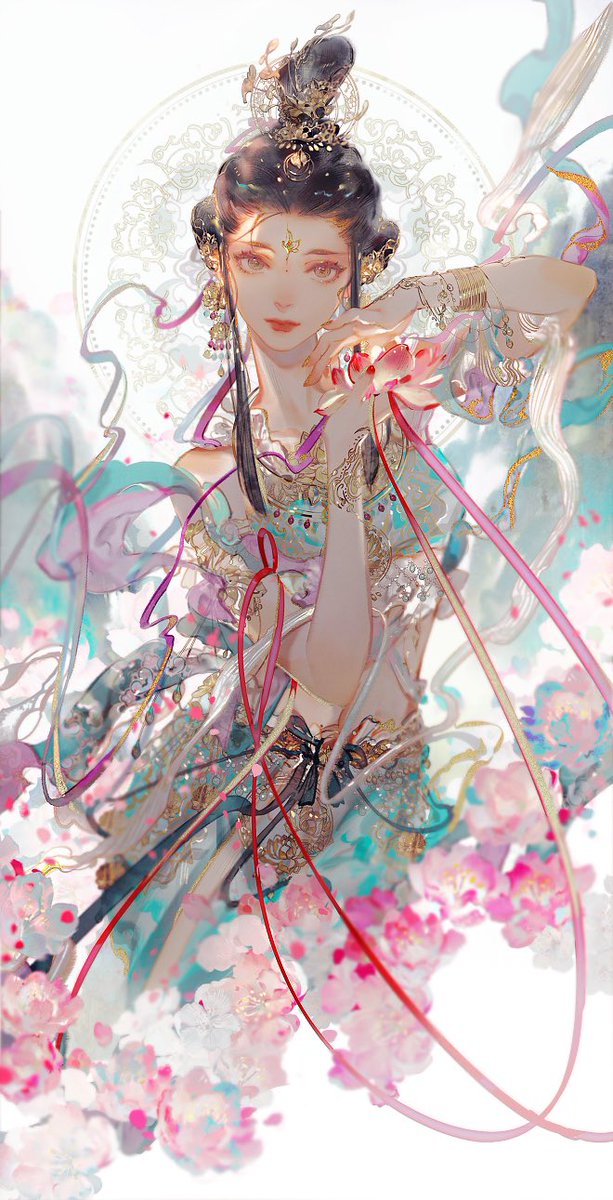 1girl solo hair ornament black hair jewelry flower hair bun  illustration images