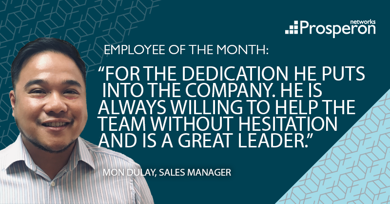 Prosperon's tweet photo. Congratulations to @mondulay who is Prosperon's Employee of the Month for April. Mon is an excellent Sales Manager and is passionate about the work he does with us as a @solarwinds. We feel privileged to have Mon setting the bar high here at Prosperon. #LifeAtProsperon https://t.co/bd9Wk6Q6be