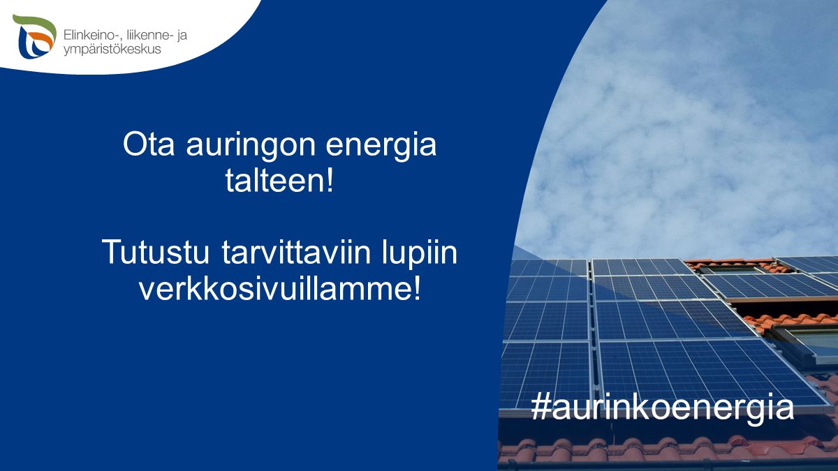 Tänään vietetään kansainvälistä ☀️päivää! Ota auringon energia talteen ja tutustu tarvittaviin lupiin verkkosivuillamme! bit.ly/3LtGsjf

#uusiutuvaenergia #aurinkoenergia #aurinko