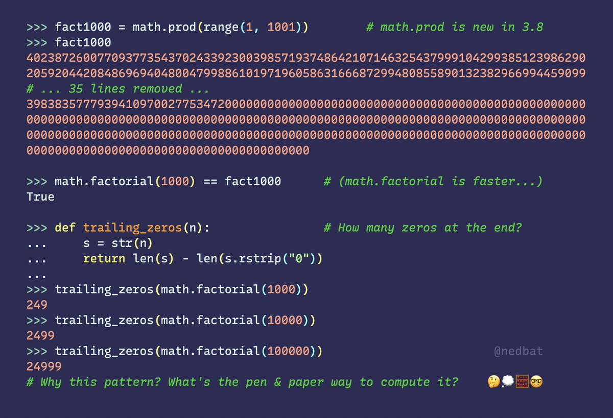 nedbat's tweet photo. Python ints are unlimited precision. You can calculate *very* large values easily. https://t.co/iANBDtmwBr