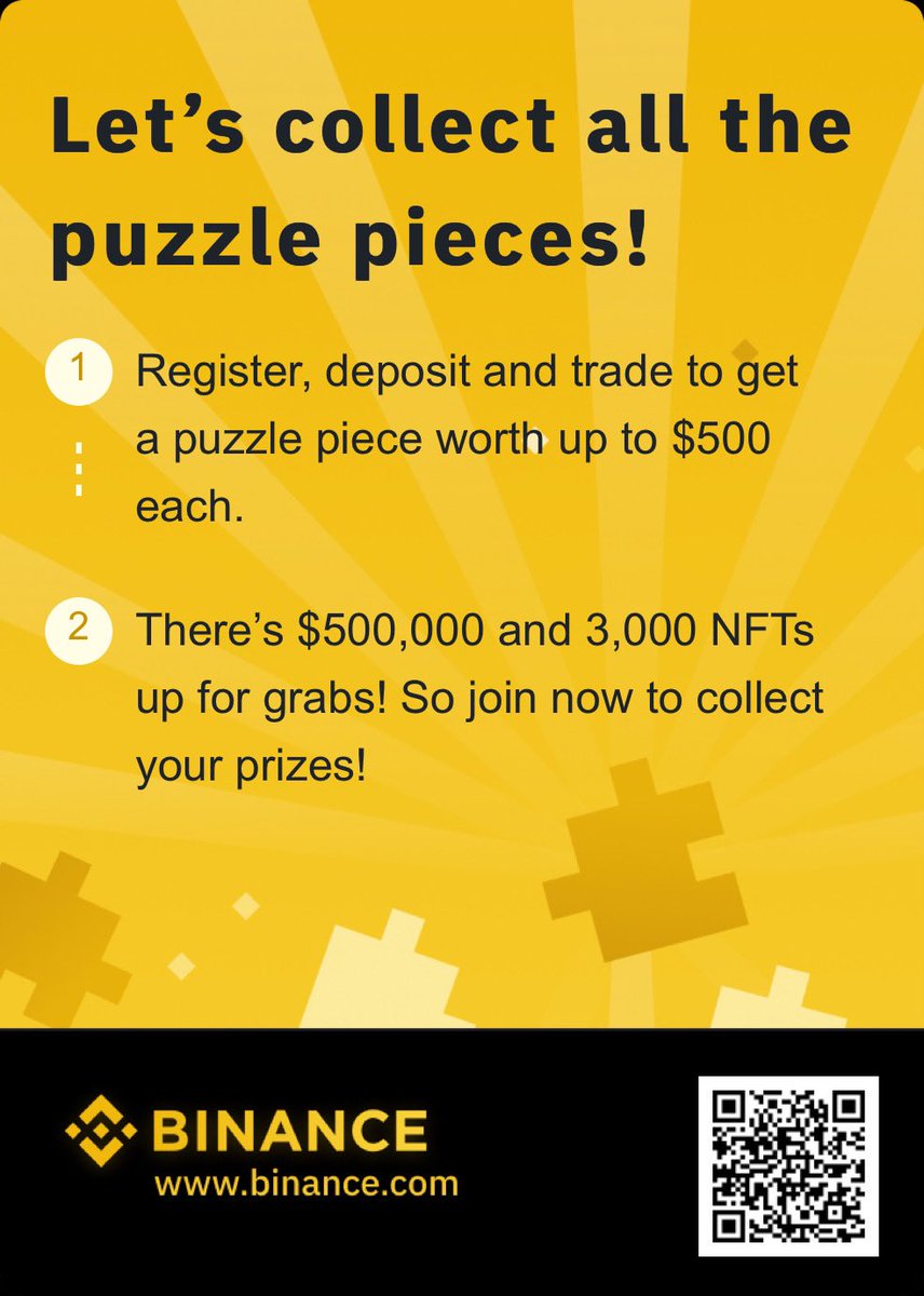 Solve puzzles — share $500,000 in crypto prizes and 3,000 NFT mystery boxes!

Don’t miss this great chance from Binance 😉

Register here 👇🏻👇🏻👇🏻
binance.com/en/activity/re…