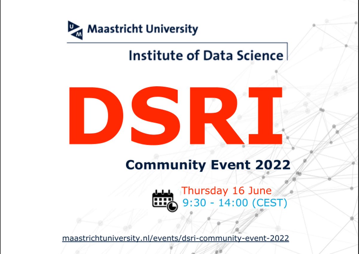 UM_IDS's tweet photo. SAVE THE DATE:
DSRI Community Event on Thursday 16 June 

Date: Thursday 16 June 2022
Time: 09:30 - 14:00 (CEST)
Place: PHS1
Event page: https://t.co/pvKNe1Q0aH

Agenda &amp; registration form will follow soon!

#umdatascience #DataScience #event #workshop #research #lunchincluded https://t.co/cUlrDe63Om