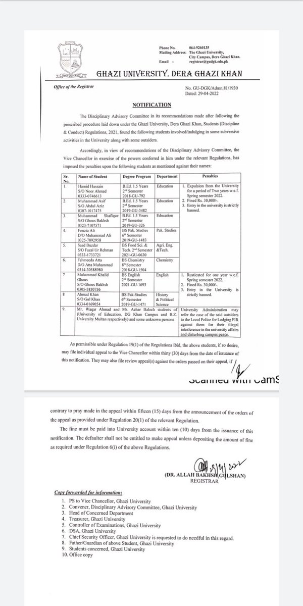 Ghazi university administration has expelled &amp; resticated all of our Baloch students for standing against harrasement &amp; profiling.

And an FIR has been refered to our organizational representatives for standings with student.We strongly condemn this heinous act.