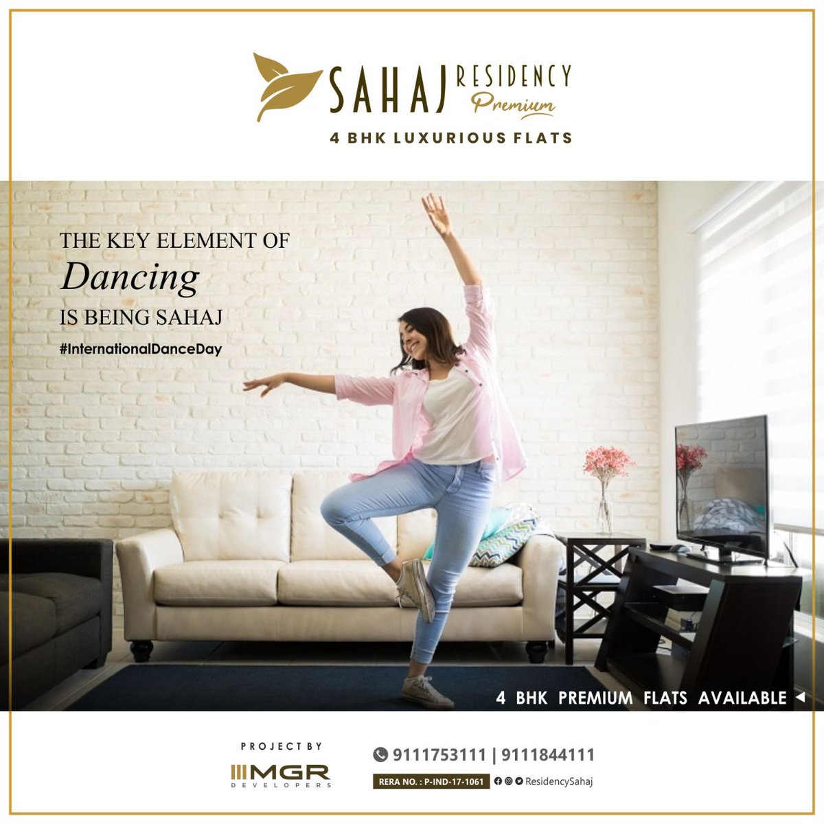 ResidencySahaj's tweet photo. The key element of Dancing is being SAHAJ!!!
#HappyInternationalDanceDay 🕺💃
.
4 BHK luxurious flats with in-campus club and gym facilities...
Visit Sahaj Residency & Experience The Best
.
.
#InternationalDanceDay #Luxury #Lifestyle #SahajResidency #MGRDevelopers #Indore #India https://t.co/Eh3QDQkdT5