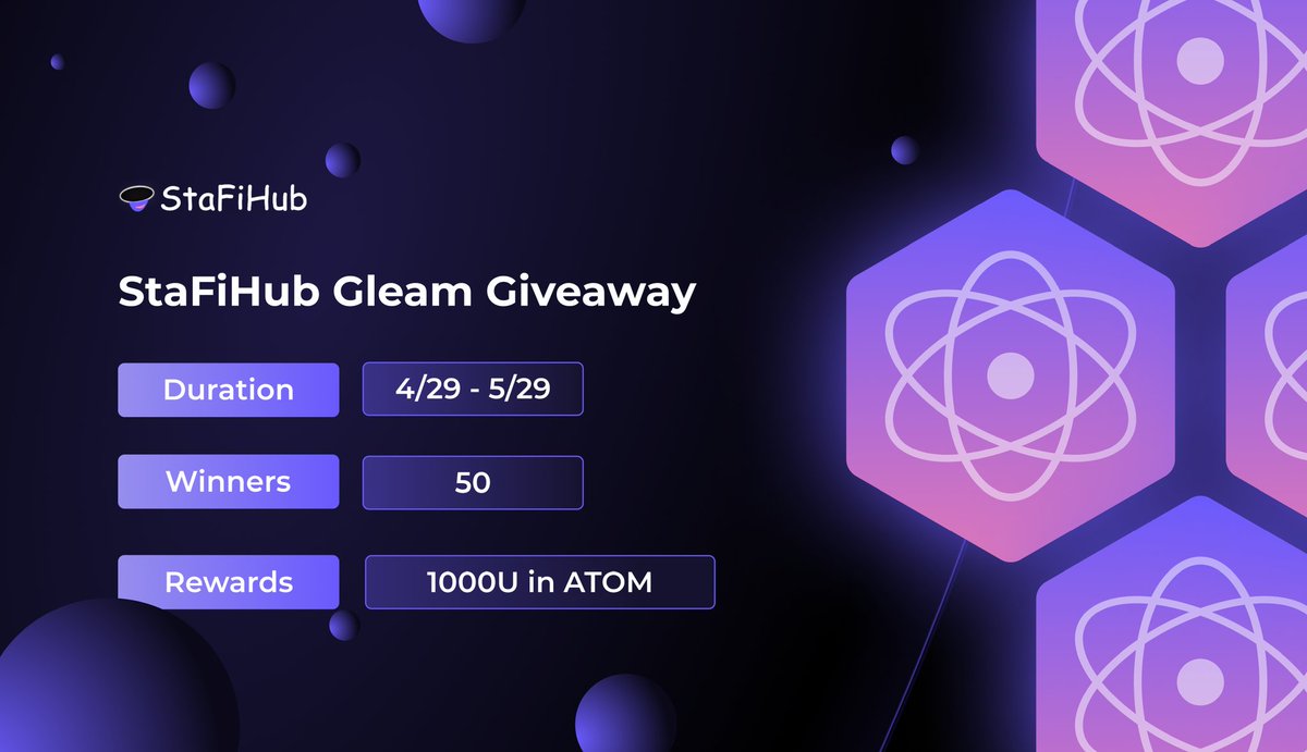 🎉🎉We have organized an exciting Gleam #Giveaway for our valued <a href="/StaFi_Protocol/">StaFi Protocol</a> community!

🏆50 winners will be rewarded with a prize pool of 1000U in $ATOM.

🗓Dates: 29th Apr - 29th May

➡️Participate here: gleam.io/ZsRML/win-atom…

👇