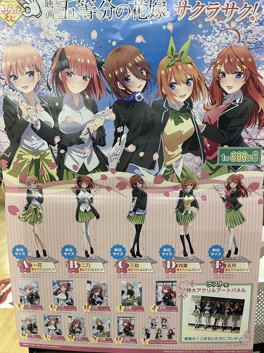 Ｊ*様 ⭐️五等分の花嫁　サクラサク！　特賞　等身大スタンディパネル　等身大パネ キャラットくじ 映画 五等分の花嫁 ～サクラサク！～ 特大アクリル