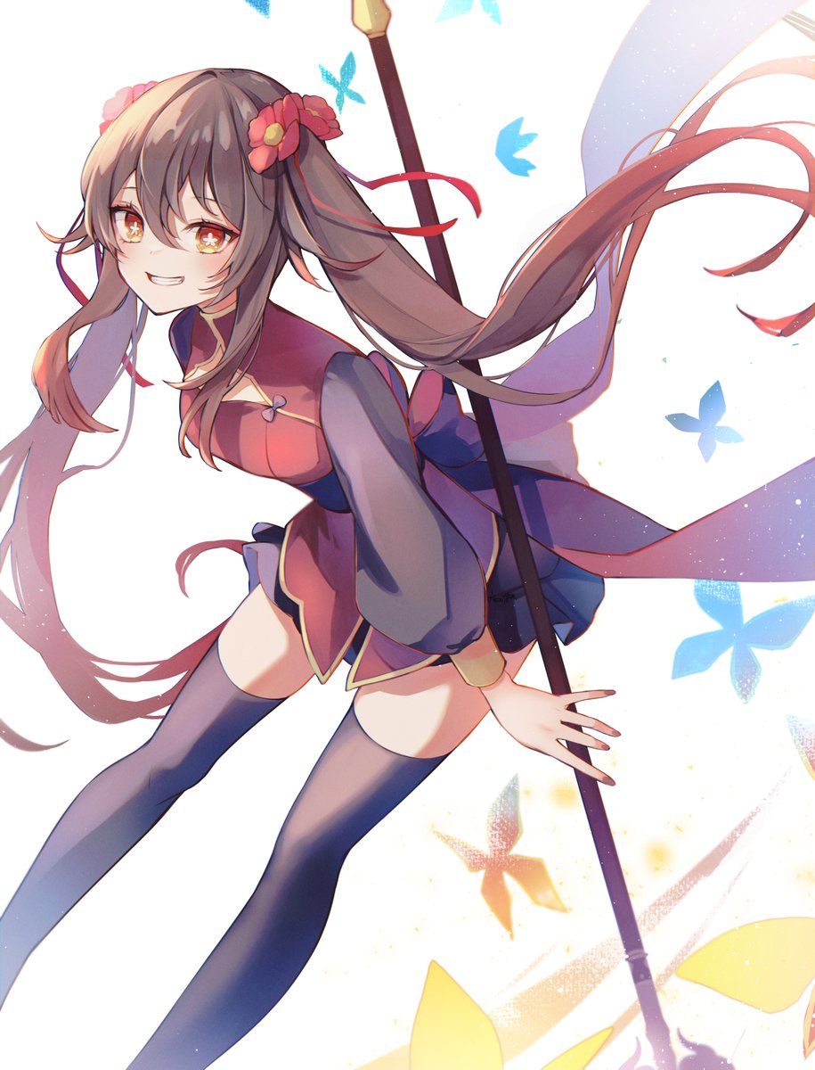 hu tao (genshin impact) 1girl thighhighs solo flower hair flower twintails smile  illustration images