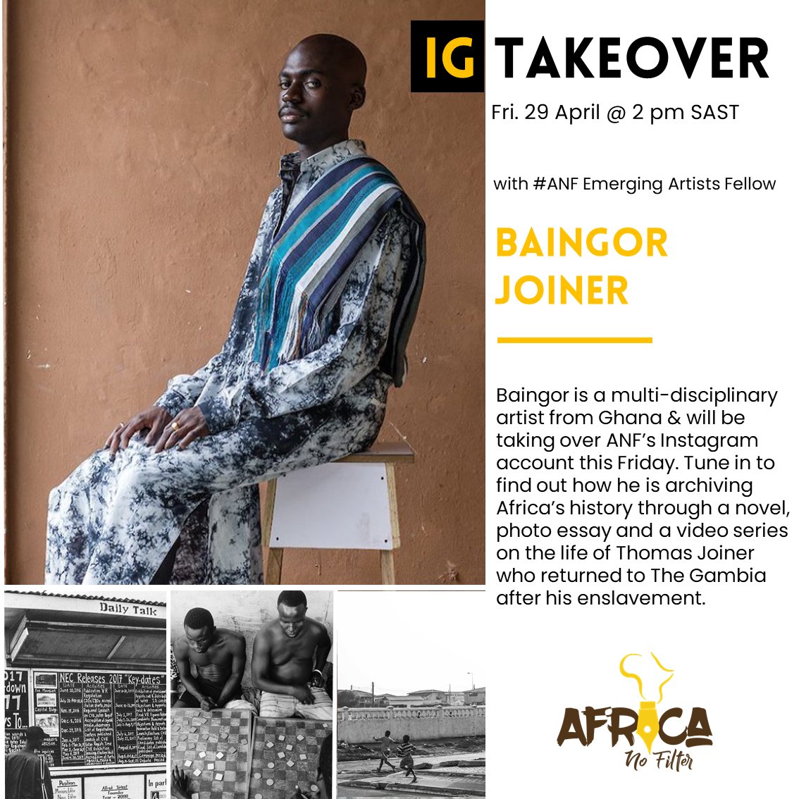 Baingor Joiner uses art to archive Africa. For the next 24hrs he's taking over #ANF's IG account. Tune in to find out why his preferred place to work is the streets of Lagos &amp; Accra &amp; why you'll find him in the library working on his upcoming creative project. 
#AlternativeAfrica