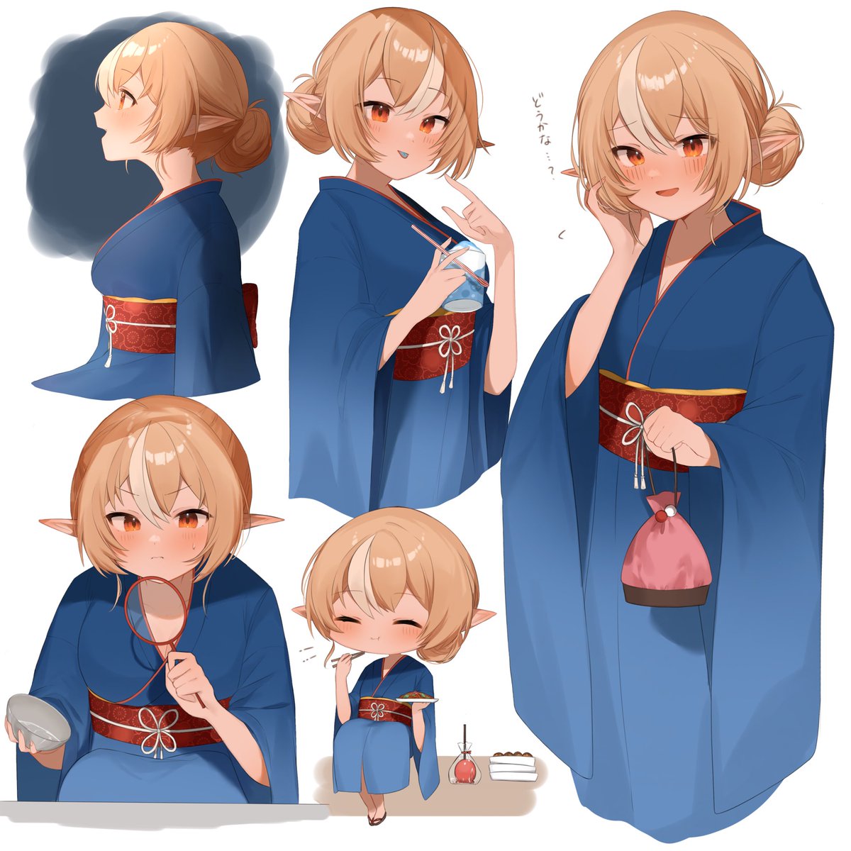 shiranui flare 1girl japanese clothes pointy ears kimono hair bun blue kimono blonde hair  illustration images