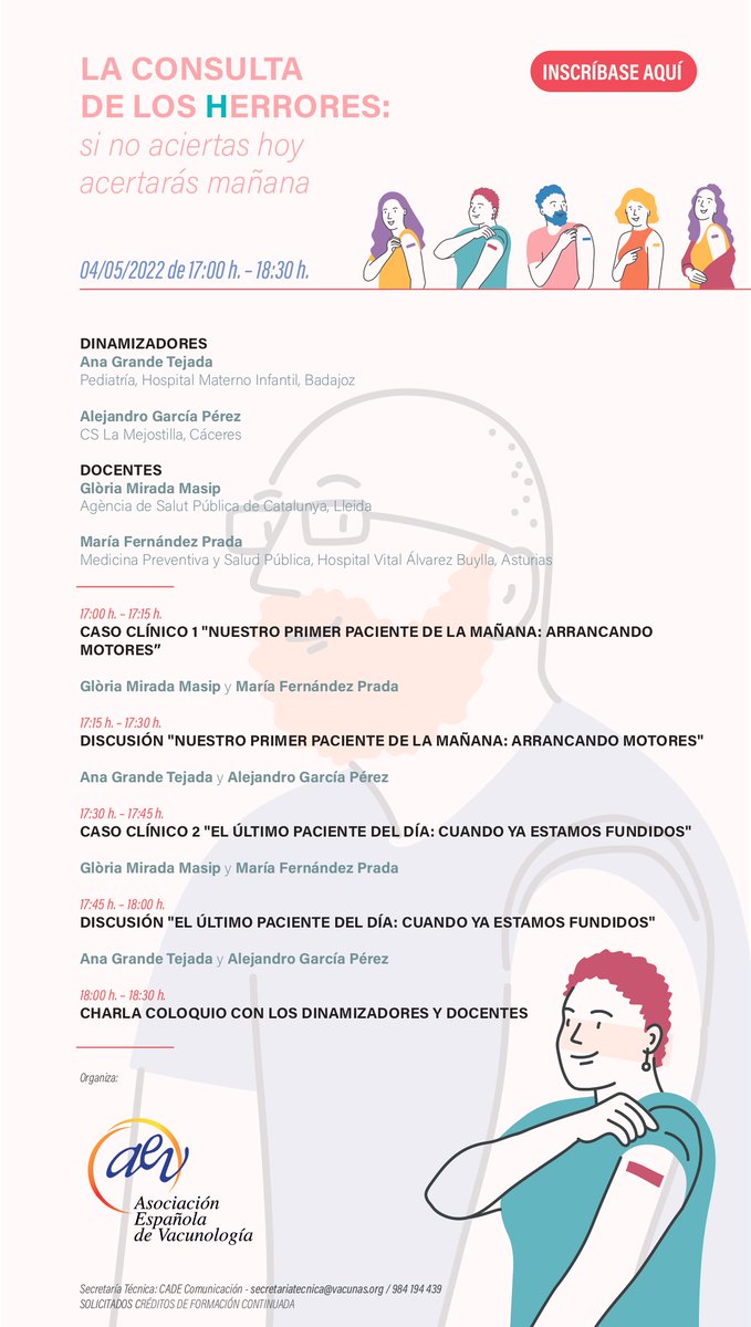 La próxima semana celebraremos la 1.ª de 4⃣ sesiones formativas online, en las que trataremos de manera dinámica aspectos prácticos de la vacunología. ✍️Anota en tu agenda, 4 de mayo 🗓️
‘La consulta de los 𝕙errores: si no aciertas hoy acertarás mañana’  
bit.ly/3xZuHNx