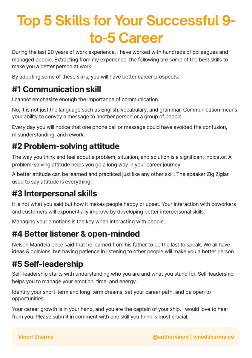 VinodSharma10x's tweet photo. There are 100s of things you could do to get better at your work, and I have picked the top 5 skills that significantly impact your career growth. https://t.co/AItx7oGMOt