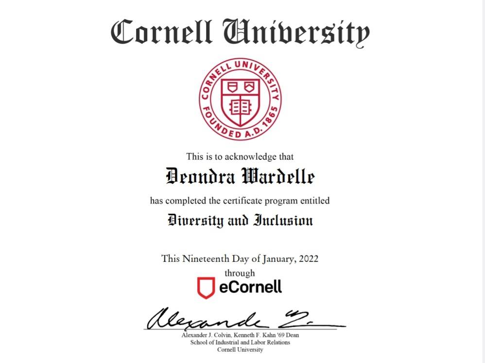 DeondraWardelle's tweet photo. DYK? As part of my 2022 strategic vision, I earned a diversity and inclusion certificate from Cornell University. Learn more about the vital role strategic visioning plays in all I do on the “About” tab of https://t.co/ko8N8rMRDC. #O2TN1💚❤✊🏾✊🏻💜💜 https://t.co/VxxUFjmid0