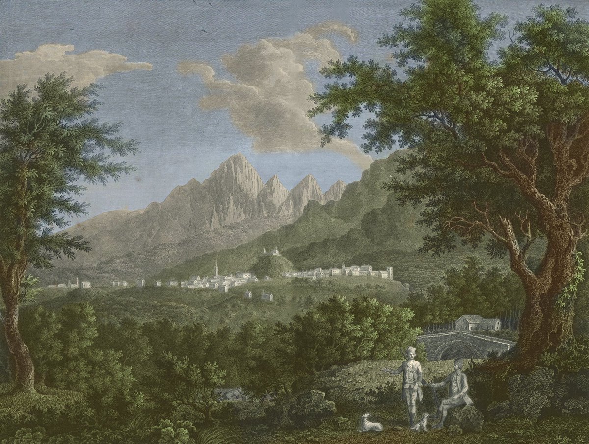 Découverte et mise en couleurs d'une gravure d'origine britannique représentant #Corte en 1772. Sur cette vue prise depuis les rives de l'Orta à la sortie Nord de la ville, on reconnaît la citadelle culminant au dessus des quartiers historiques des Calanche et des Castellacce.