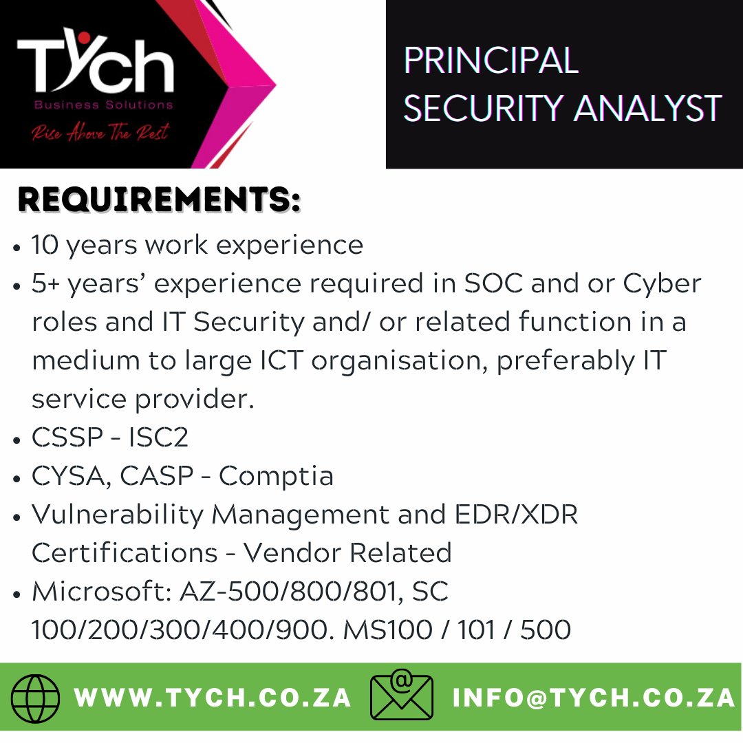 TychTeam's tweet photo. CLOSING DATE 4 MAY 2022

APPLY ONLINE https://t.co/cgodX6b14Q

Head over to our website to view all our available jobs nationwide https://t.co/Vhu0cwhGf5

#tychteam #tychmeta #tychITtribe #JobSeekersSA #cybersecurity #vulnerabilitymanagement #ITsecurity https://t.co/XvXtBZM1fj