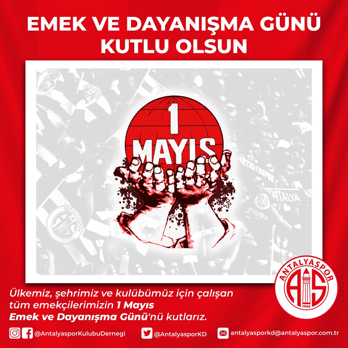 🇹🇷 Ülkemiz, şehrimiz ve kulübümüz için çalışan tüm emekçilerimizin #1Mayıs Emek ve Dayanışma Günü'nü kutlarız.

#Antalyaspor
#AntalyasporAilem