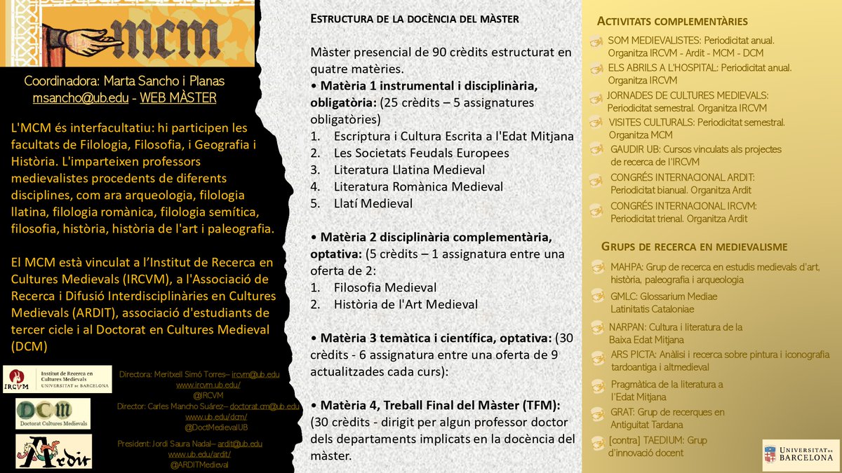ℹ️ Us recordem que segueixen obertes les preinscripcions del màster oficial de Cultures Medievals🥳🤗
Els interessats podeu consultar els enllaços següents:
ub.edu/portal/web/fil…
ub.edu/portal/web/fil…
ub.edu/portal/web/fil… 

Adjuntem la informació a continuació👇
