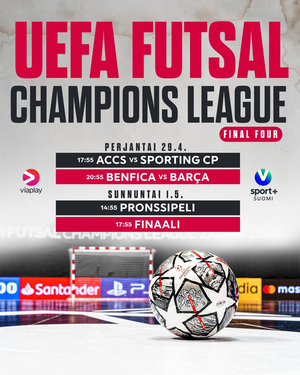 ViaplayUrheilu's tweet photo. Futsalin Mestarien liiga huipentuu tänään ja sunnuntaina! ⚽️

Kaikki ratkaisupelit näet Elisa Viihde Viaplaysta ja V sport+ -kanavalta.

Välierät 29.4.
17:55 ACCS – Sporting CP
20:55 Benfica – Barça

Mitalipelit 1.5.
14:55 Pronssi
17:55 Finaali

Ottelut selostaa Casper Pitkänen. https://t.co/MqRo5JqzX4