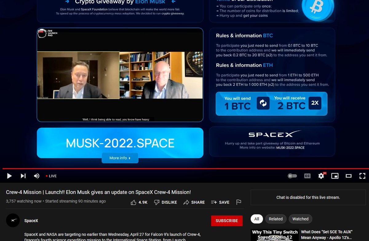 xerkus's tweet photo. @SpaceX is there a way to report yet another crypto scam on youtube impersonating SpaceX? Would you even bother accepting such reports given the glacial speed Youtube reacts when they bother to react at all? https://t.co/brHZ6tco9E