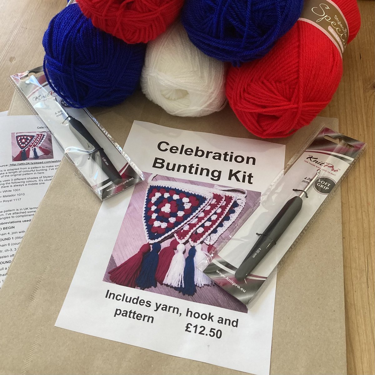 Today I’ve been making up bunting kits, £12.50 or £15.50 including UK postage  #eweandyarnthirsk #yarnshop #jubilee #redwhiteandroyalblue