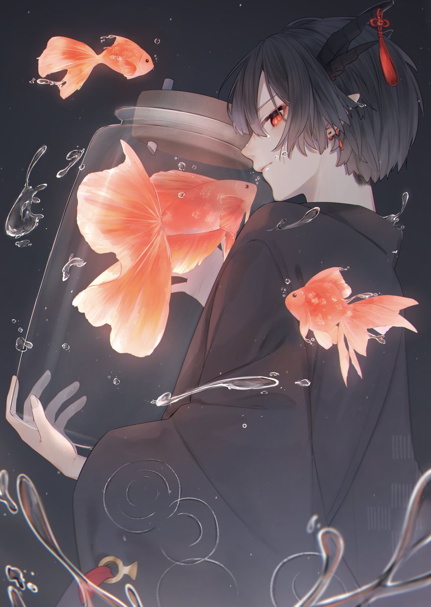 1boy male focus fish horns black hair japanese clothes red eyes  illustration images