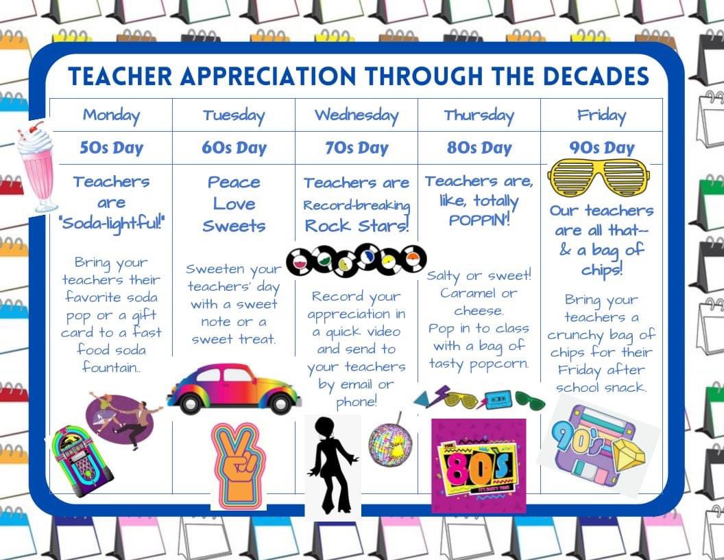 Parents & students, celebrate your teachers all week long during National Teacher Appreciation Week! May 2-6, 2022. 💜🧡 Here are a few ideas!