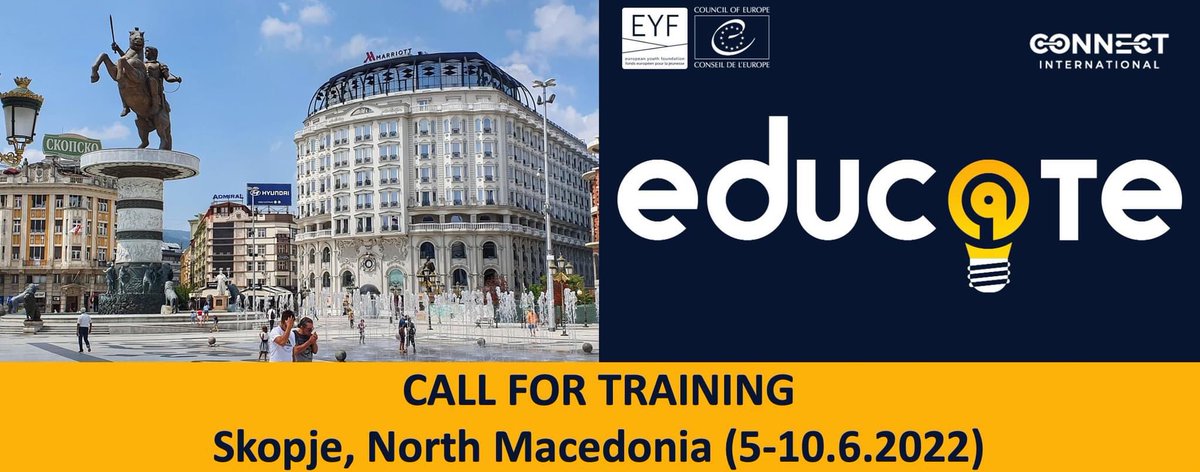 📯 Call4Pax - Educ@cate Training #HumanRights #HRE 
🏙 Skopje, North Macedonia
🗓 June 5-10, 2022
⭕️ Deadline for applying: 15.05.2022
ℹ️ Find out more and apply here: connect-international.org/2022/04/28/tak…