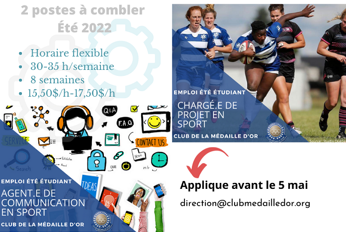 Nous sommes à la recherche d'un(e) chargé(e) de projet en sport pour la saison estivale ainsi que d'un(e) agent(e) de communication.

Pour plus de détails :

Poste de chargé(e) de projet : bit.ly/3MBewK9
Poste d’agent(e) de communication: bit.ly/3kkPuD4s