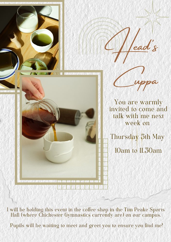 Put the date in your diary…
Have a chat with our <a href="/ChiHighSchool/">ChiHigh</a> <a href="/TKATAcademies/">TKAT: Achieving More Together.</a> Headteacher, Mrs McKeown.
Everyone is welcome.
#chat #cuppa #support #local #Chichester