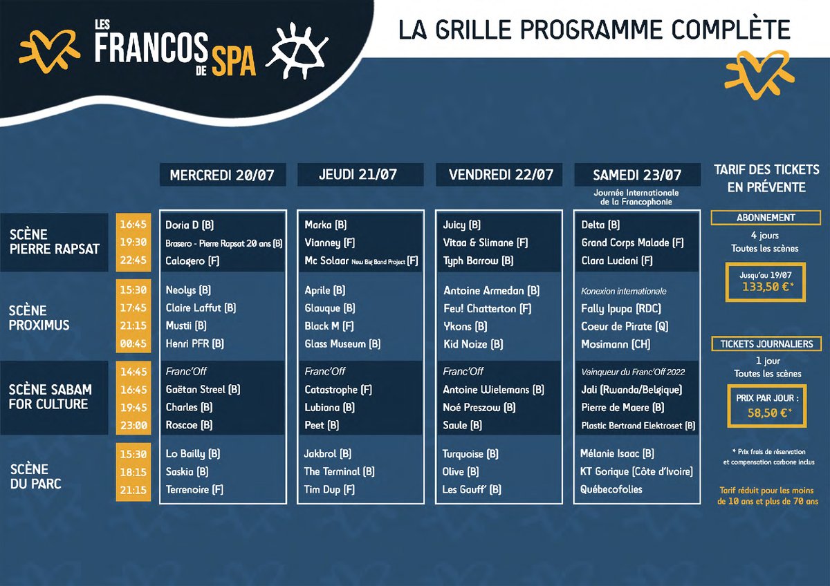 🔥 Le programme complet des @francosdespa 2022 est disponible. Tous les artistes classés par jour et par scène... 🥳 ▶️ Tickets : francofolies.be/tickets/