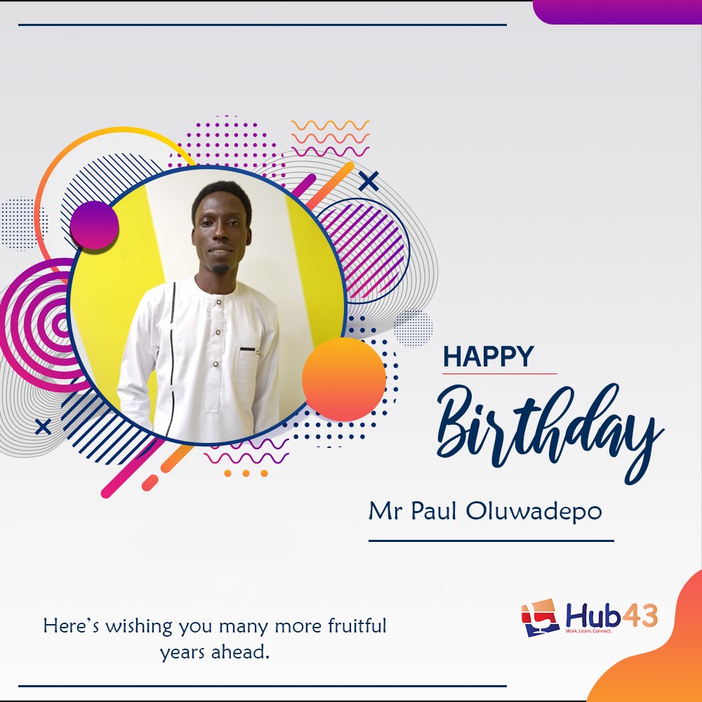 Hub43Ng's tweet photo. Happy birthday Mr Paul Oluwadepo, we wish you the very best and pray that this new year is filled with joy and fulfillment😊
Have a great year🥂
#april #birthday #hub43 https://t.co/tD88xbVPr6