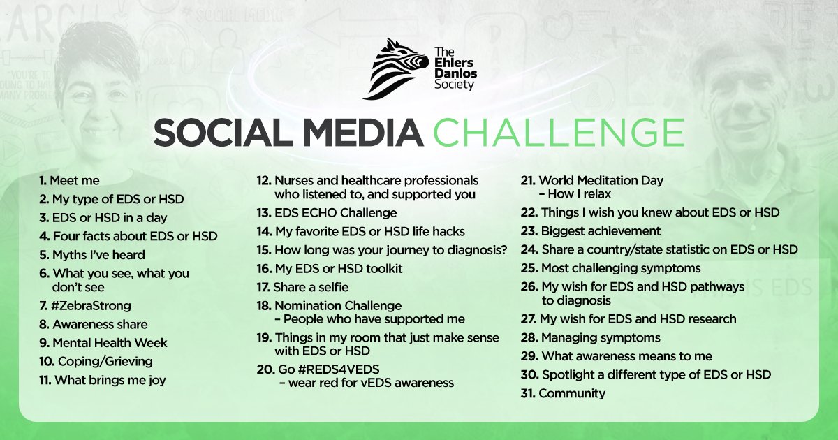 Join The Ehlers-Danlos Society to help increase awareness of #EhlersDanlosSyndrome and #HypermobilitySpectrumDisorder, globally, by taking on the Social Media Challenge during the month of May! ehlers-danlos.com/may-awareness/… #MyEDSChallenge #MyHSDChallenge #NEISvoid