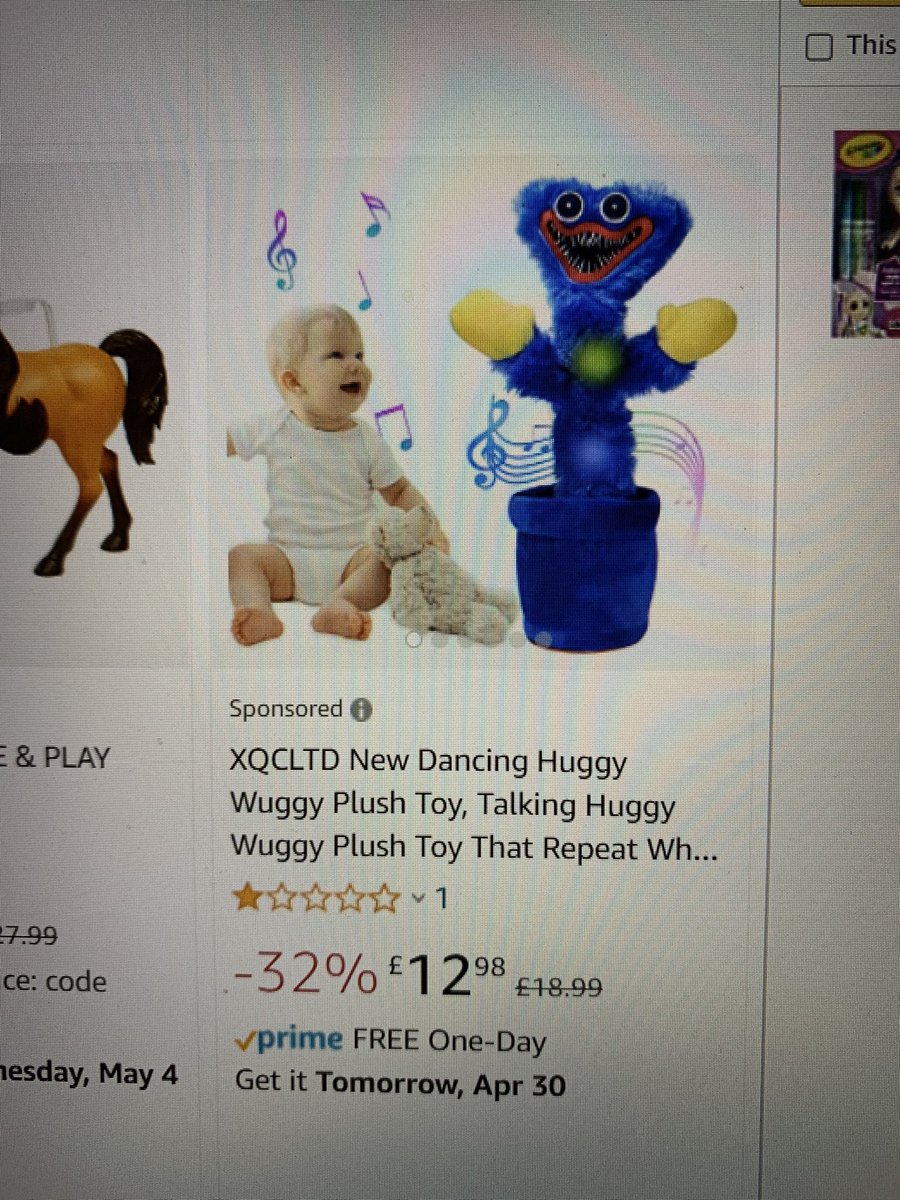 kathrynmhead's tweet photo. @AmazonHelp Hi Amazon. Whilst searching for toys for my daughter’s bday, I came across this?! I don’t think it is appropriate, certainly shouldn’t be advertised with a baby?! Given the warnings parents have been given on this character. Please can you look into the suitability?! https://t.co/FqP0NBrQgZ