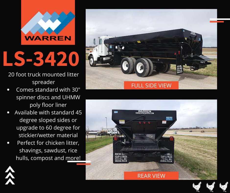 WarrenCompanies's tweet photo. Today's #FridayFeature is a 20 ft LS-3420 mounted by our distributor Rich Hill Truck &amp; Equipment!
Warren's LS-3420 model comes standard with 30" discs, compared to 24" discs of our competitors. 
Looking for a litter spreader? Give us a call at 800-228-4842!  #familybusiness https://t.co/CeYkhNZjXx