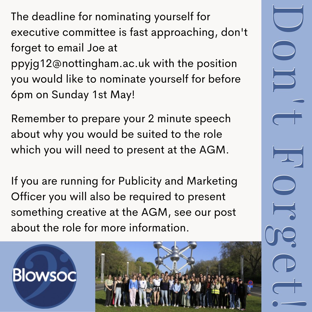 Don't forget our AGM is on Tuesday 3rd May at 7pm! 📅 Remember to nominate yourselves by 6pm on Sunday 1st May!! 🤞🏻 Good Luck everyone! Can't wait to see you all at the AGM!!