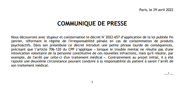 CordierCaroline's tweet photo. ♦️ Le monde de la #psychiatrie dénonce "avec la plus grande force [une] dérive inquiétante" du décret sur la réforme de l'irresponsabilité pénale, où 1 trouble mental résultant de "l'arrêt d'un traitement médical" pourrait conduire à la responsabilité de la personne mise en cause https://t.co/YhCTCa9PmI
